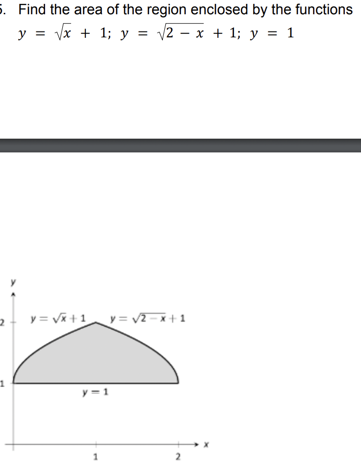 Find the area of the region enclosed by the functions \[ y=\sqrt{x}+1 ; y=\sqrt{2-x}+1 ; y=1 \]