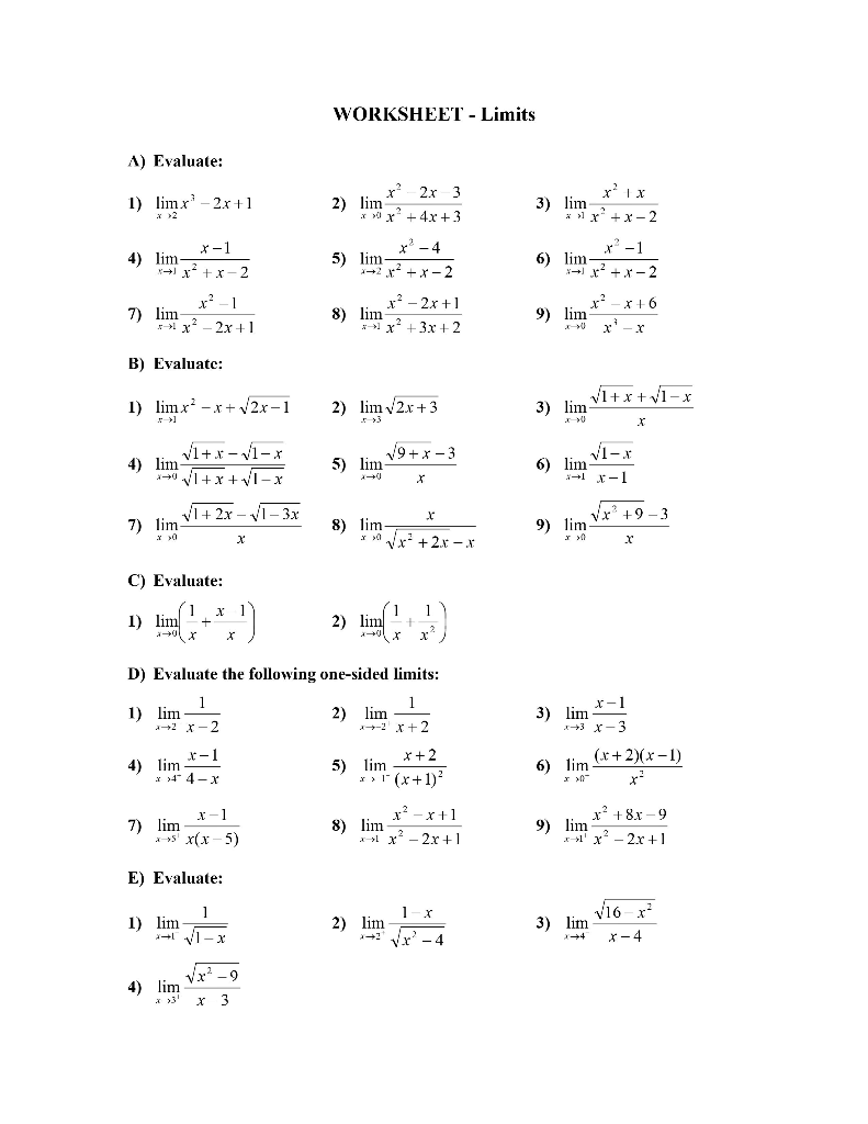 Limit Laws Worksheet With Answers