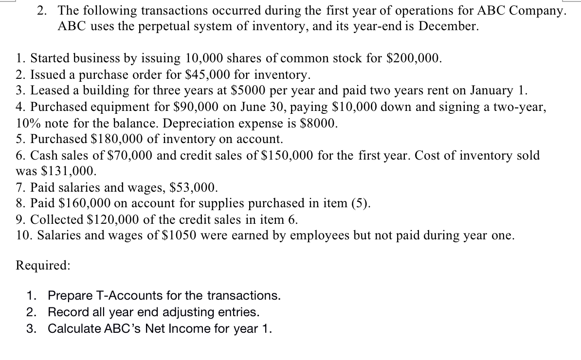 Solved 2. The following transactions occurred during the