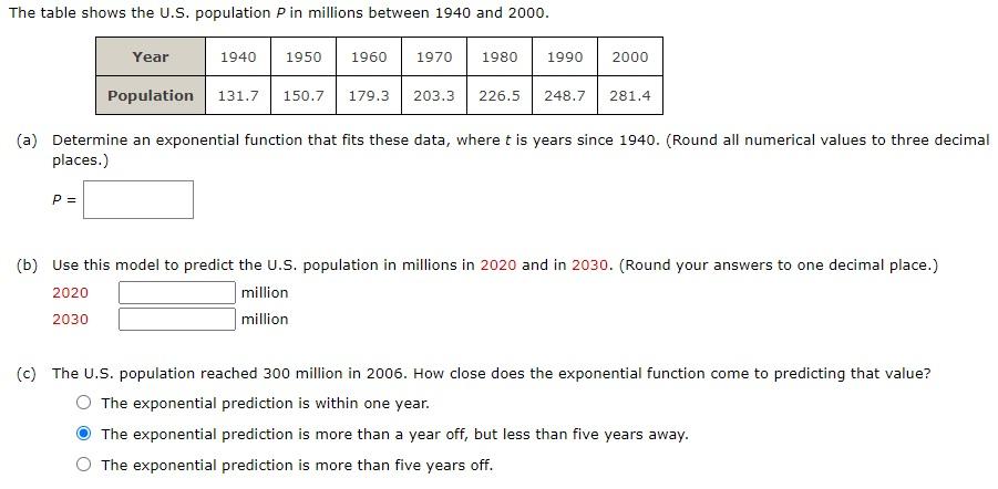 Solved The Table Shows The U.S. Population Pin Millions | Chegg.com