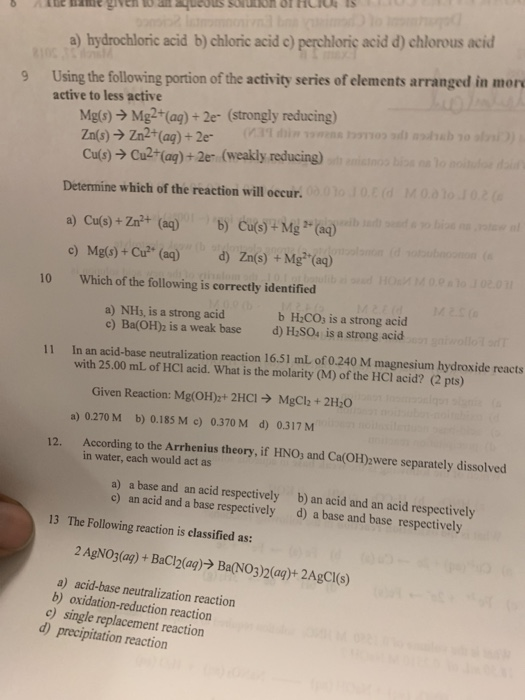 Solved a) hydrochloric acid b) chloric acid e) perchloric | Chegg.com