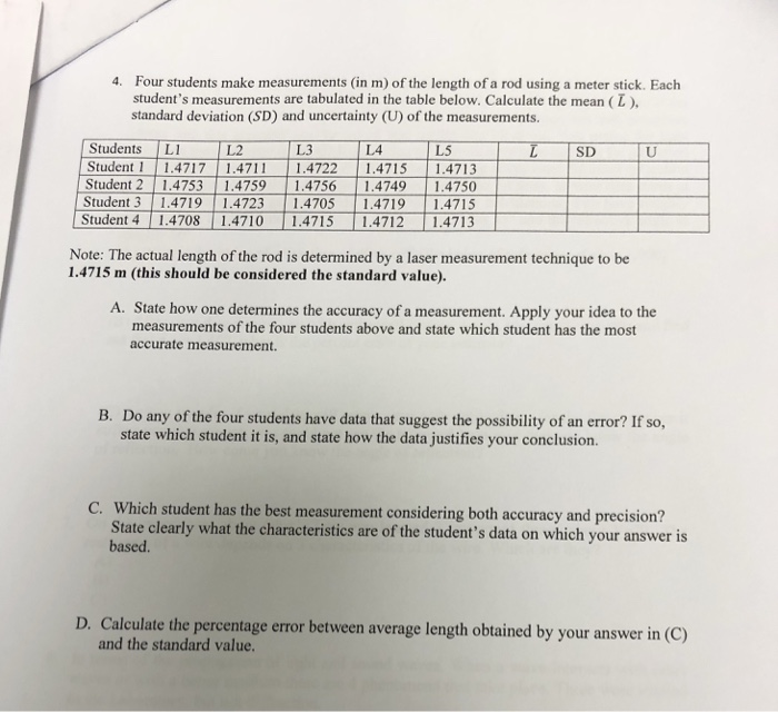 Solved Four students make measurements (in m) of the length | Chegg.com