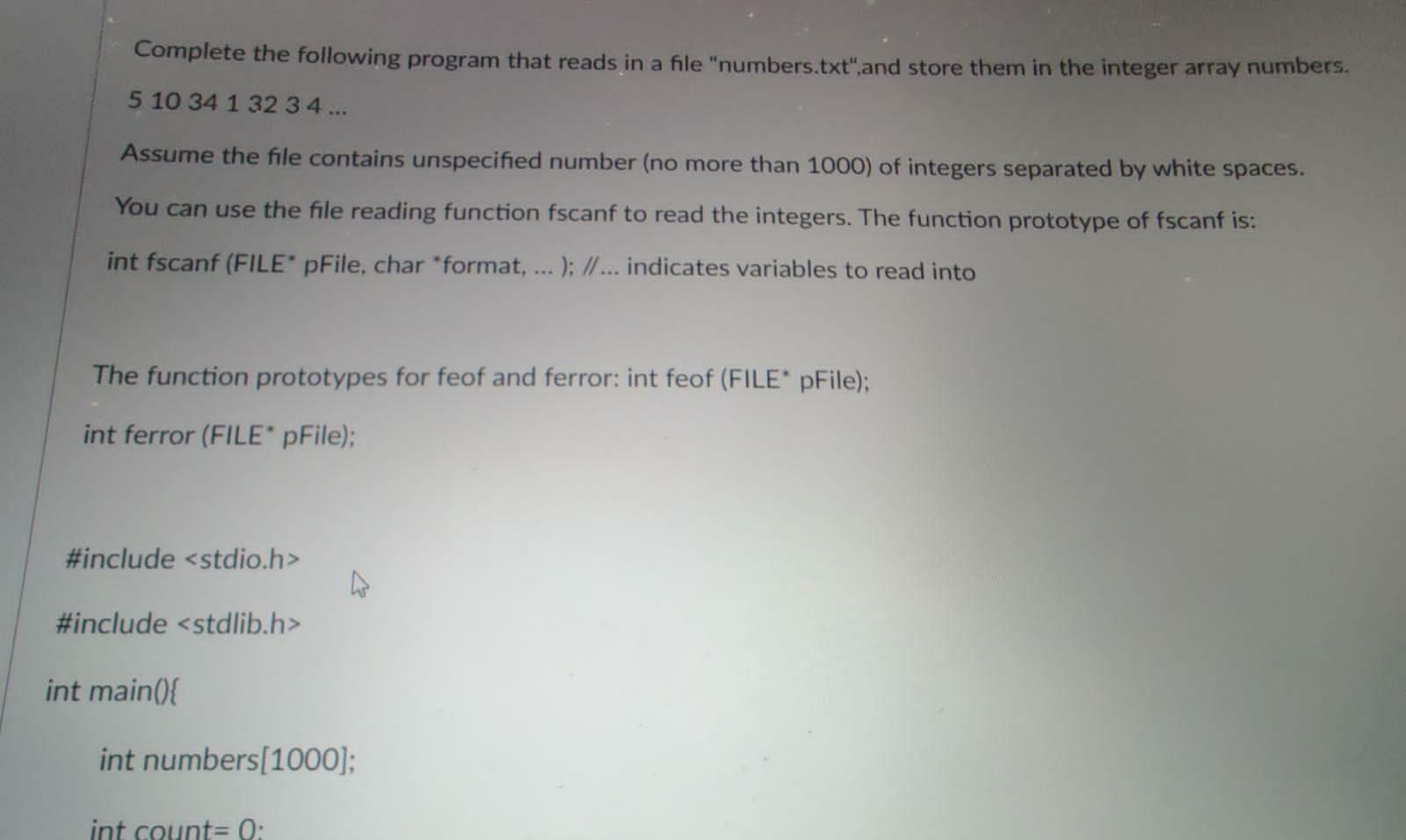 Solved Complete the following program that reads in a file | Chegg.com