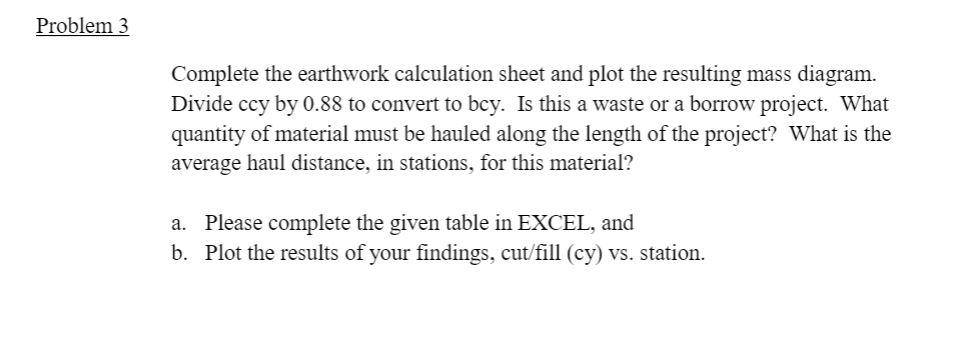 Solved Problem 3 Complete the earthwork calculation sheet | Chegg.com