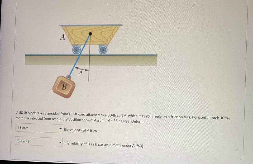 Solved А e B A 50-lb block B is suspended from a 8-ft cord | Chegg.com