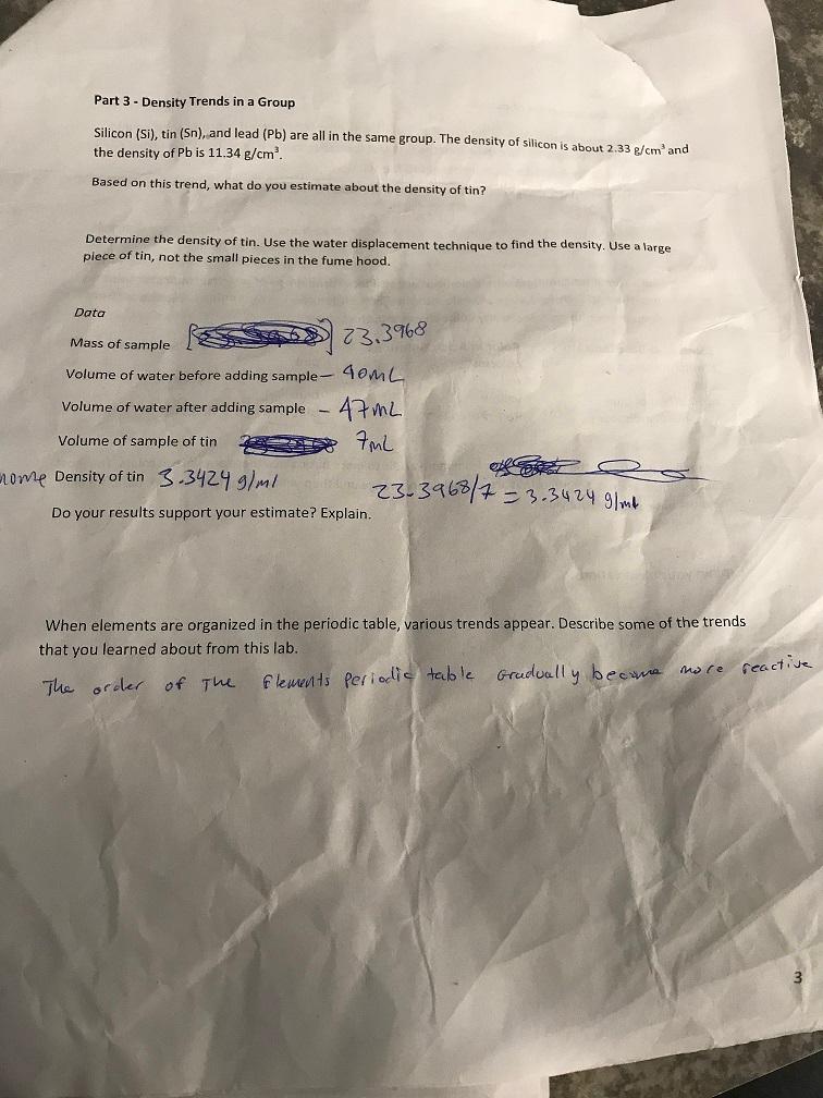 Solved Part 3 Density Trends in a Group Silicon (Si), tin