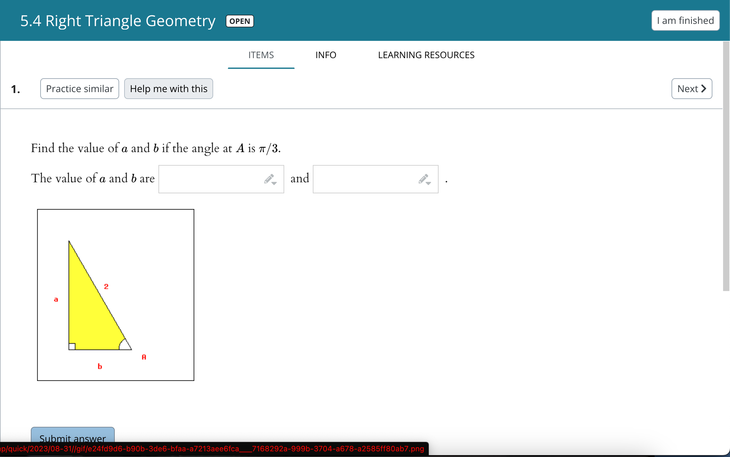 Solved Find the value of a and b if the angle at A is π/3. | Chegg.com