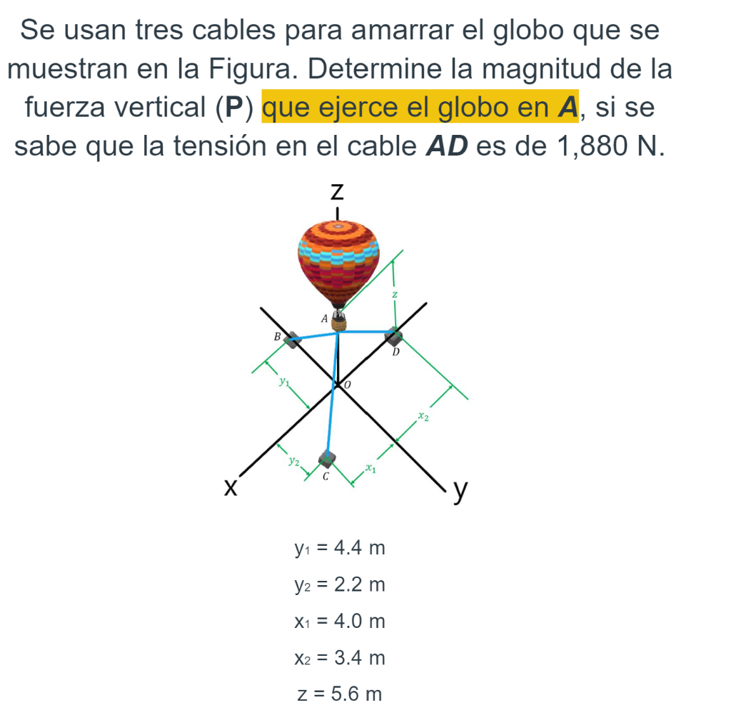 Se usan tres cables para amarrar el globo que se muestran en la Figura. Determine la magnitud de la fuerza vertical (P) que e