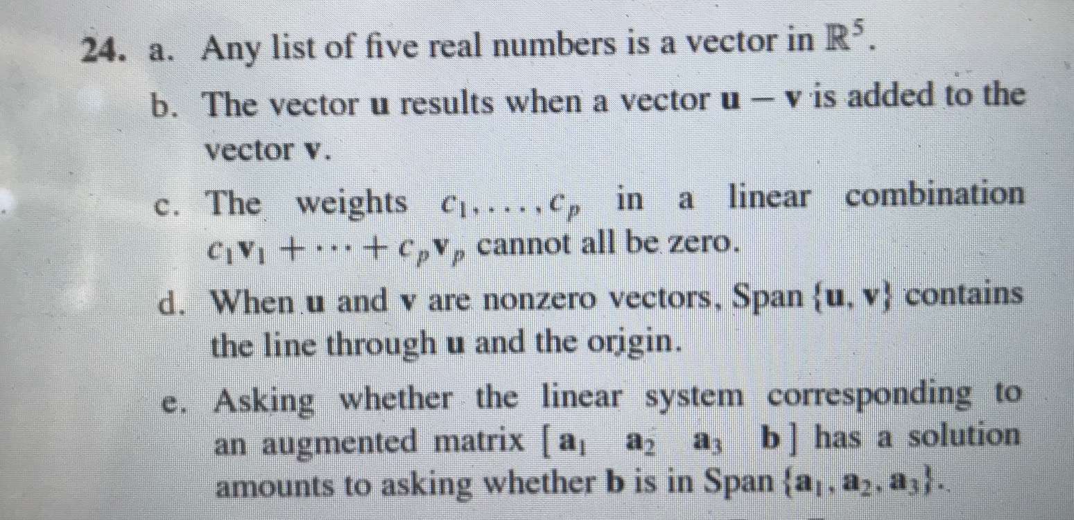 Solved 24. a. Any list of five real numbers is a vector in | Chegg.com