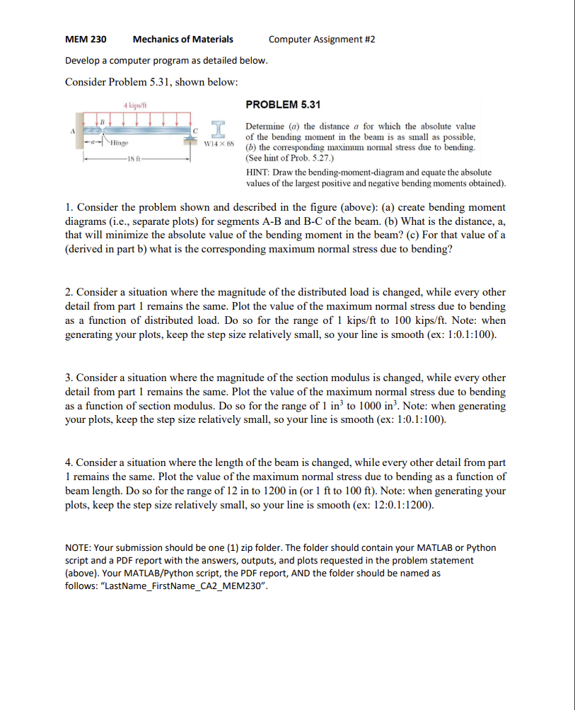 Solved MEM 230 Mechanics of Materials Computer Assignment #2 | Chegg.com