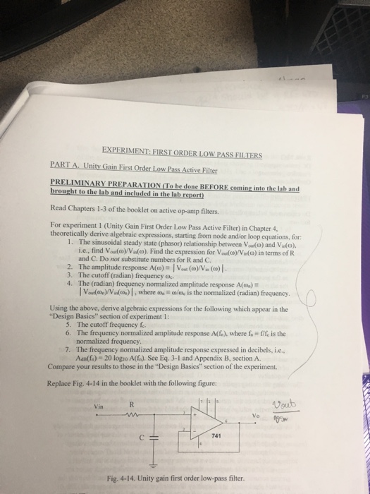 Solved EXPERIMENT FIRST ORDER LOW PASS FILTERS PART A Unity
