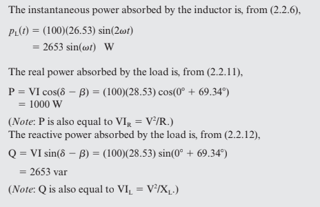The instantaneous power absorbed by the inductor is, from \( (2.2 .6) \),
\[
\begin{aligned}
p_{\mathrm{L}}(t) &=(100)(26.53)