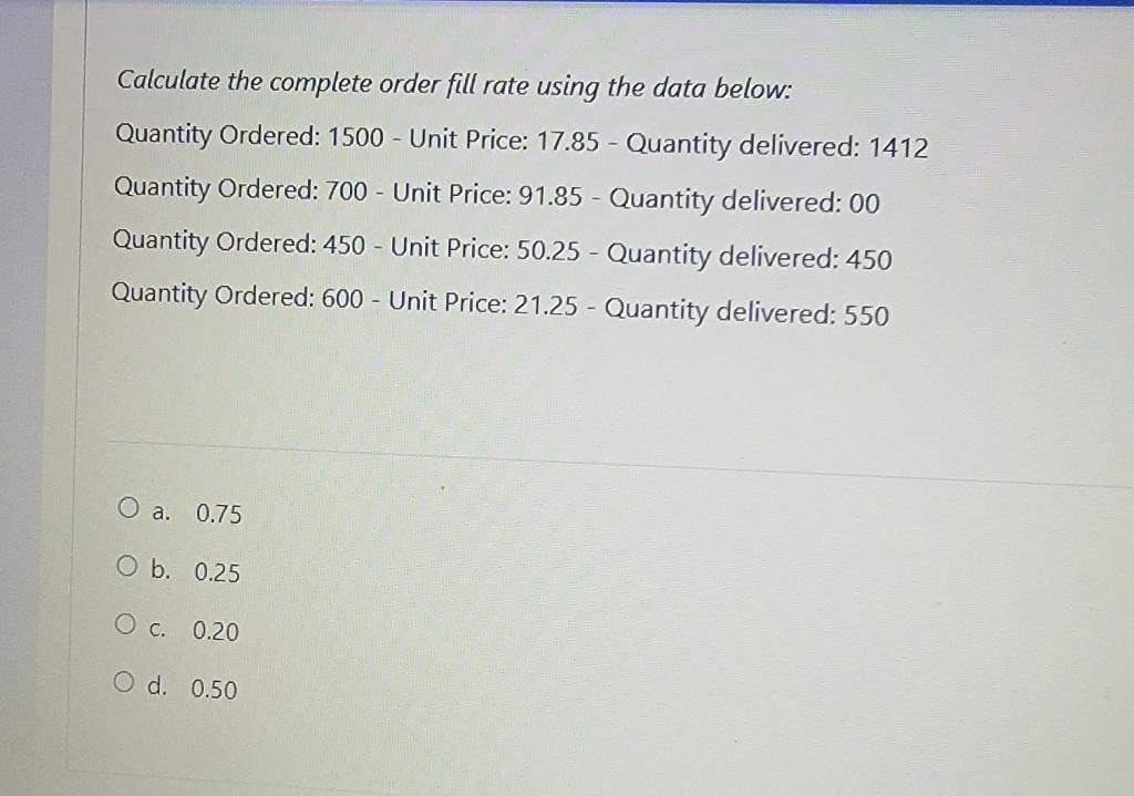 Solved Calculate the complete order fill rate using the data | Chegg.com
