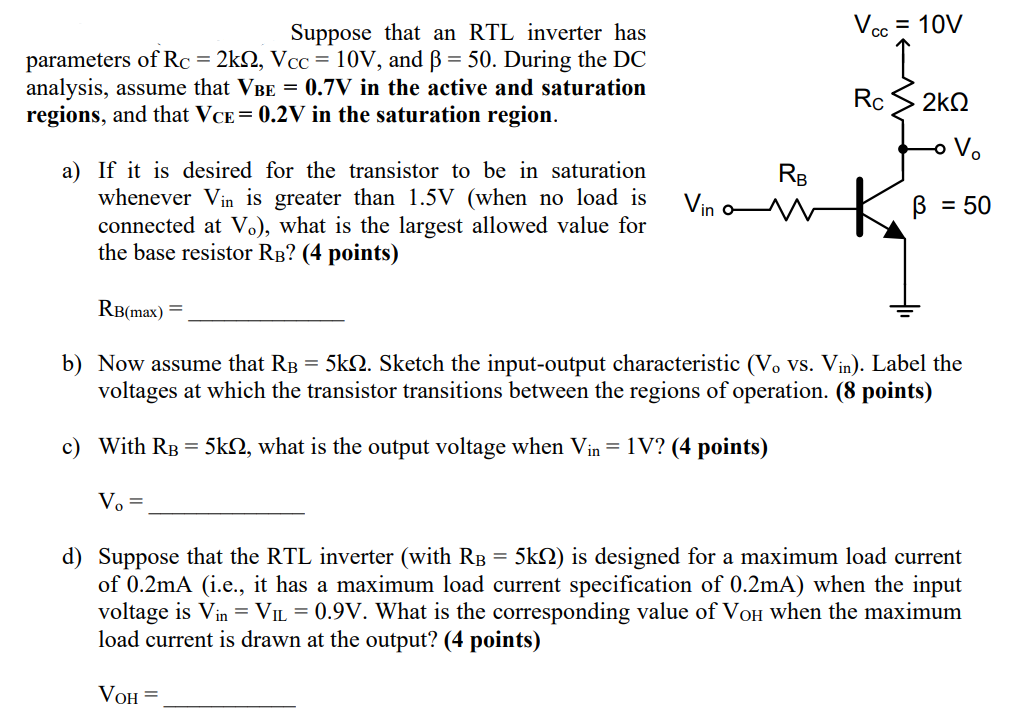 Suppose that an RTL inverter has parameters of | Chegg.com