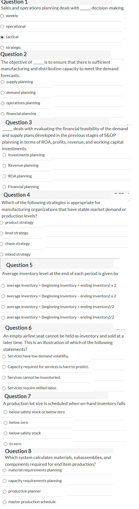 Solved Question 1 Sales And Operations Planning Deals With Chegg Com