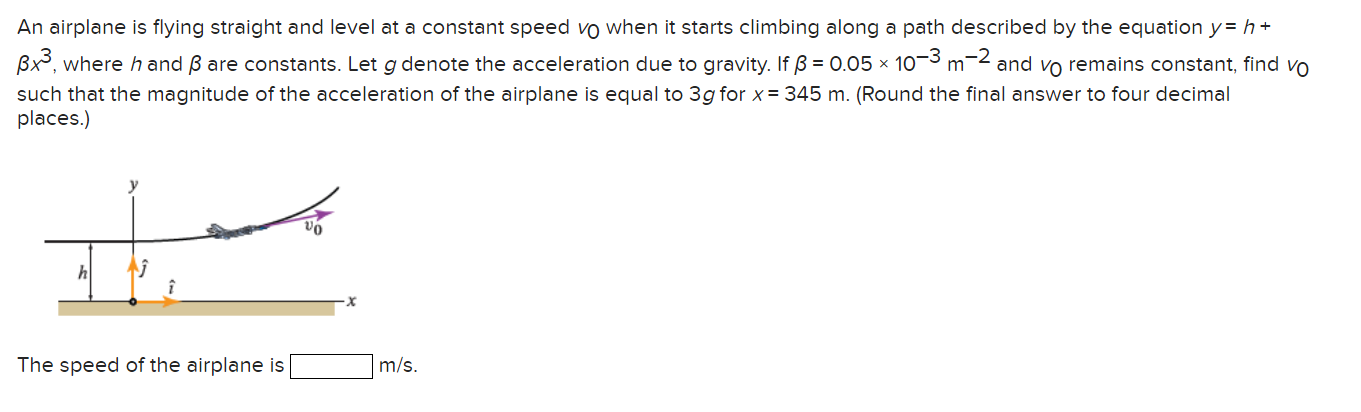 An airplane is flying straight and level at a constant speed \( v_{0} \) when it starts climbing along a path described by th