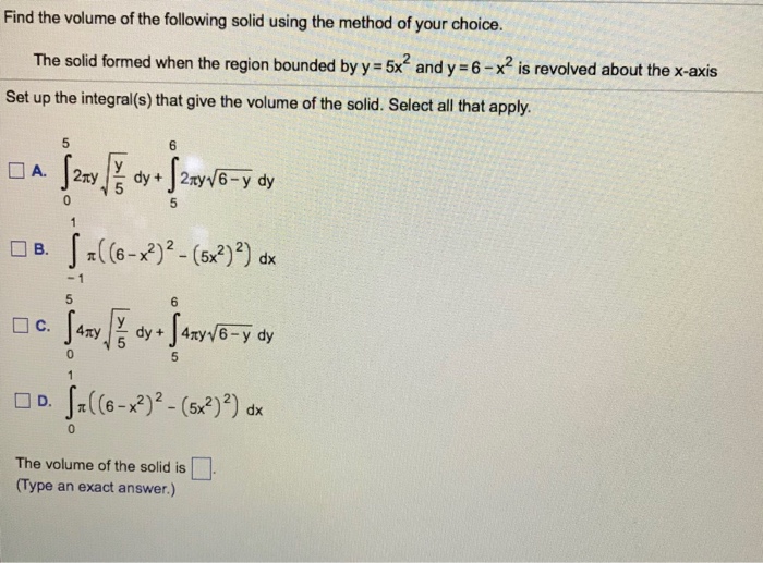 Solved Find The Volume Of The Following Solid Using The Chegg