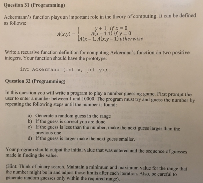 Solved Question 31 (Programming Ackermann's function plays | Chegg.com