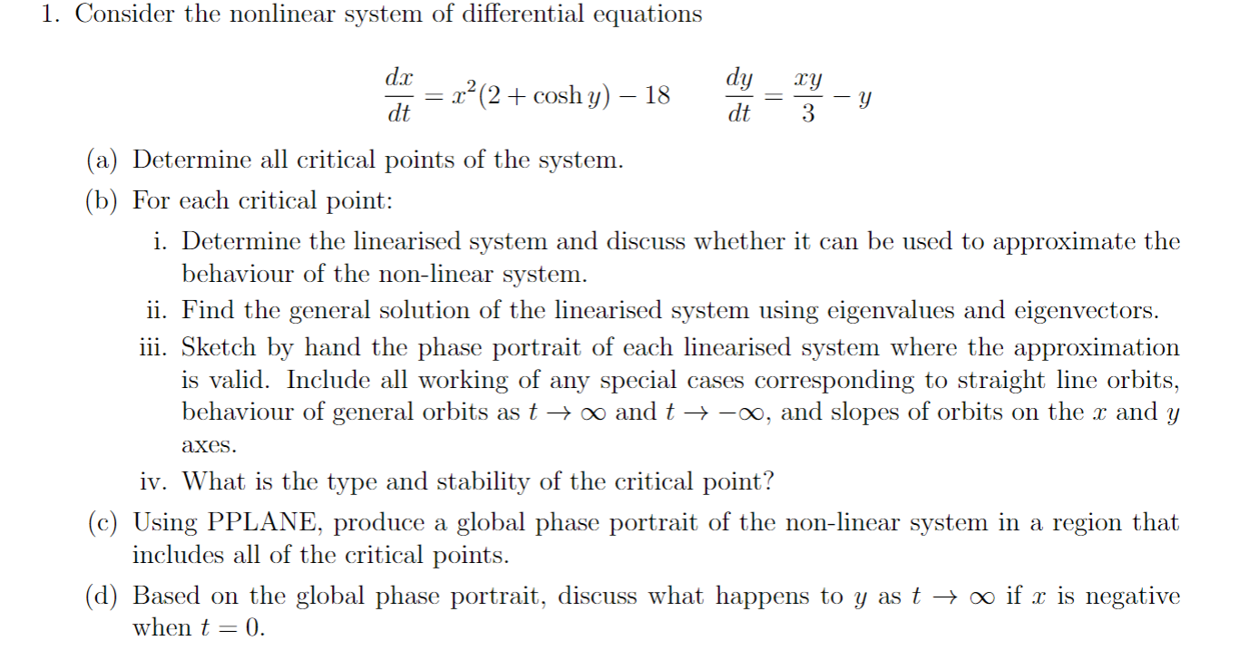 Solved 1. Consider the nonlinear system of differential | Chegg.com