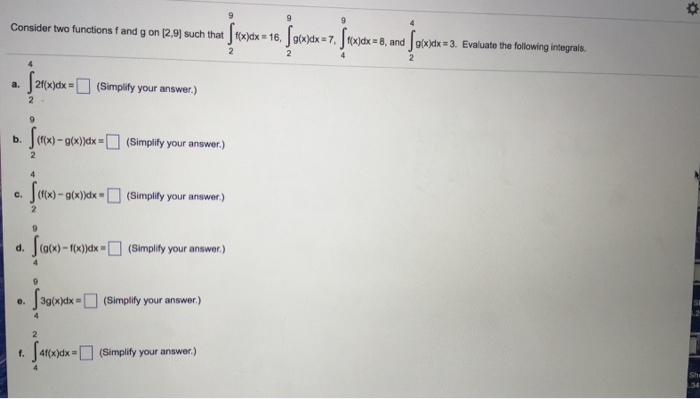 Solved Consider two functions f and g on [2, 9] such that | Chegg.com