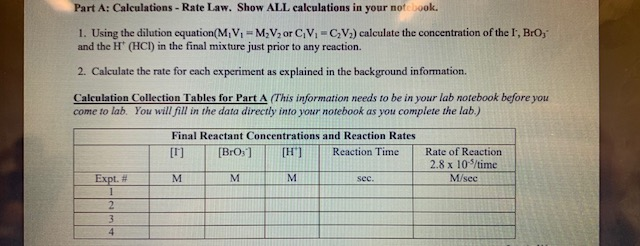 Solved For The Experiment An Iodine Clock Reaction; A | Chegg.com