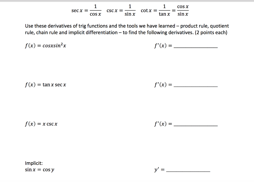 Solved 1 1 secx = secx = cos x cscx = sing cotx = tan x = | Chegg.com