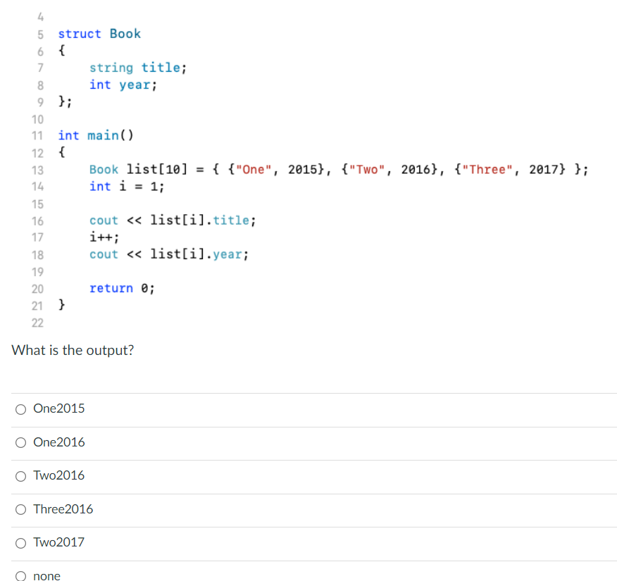 Solved on 13 4 5 struct Book 6 { 7 string title; 8 int year; | Chegg.com
