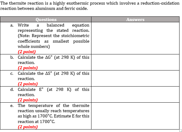 Solved The Thermite Reaction Is A Highly Exothermic Process | Chegg.com