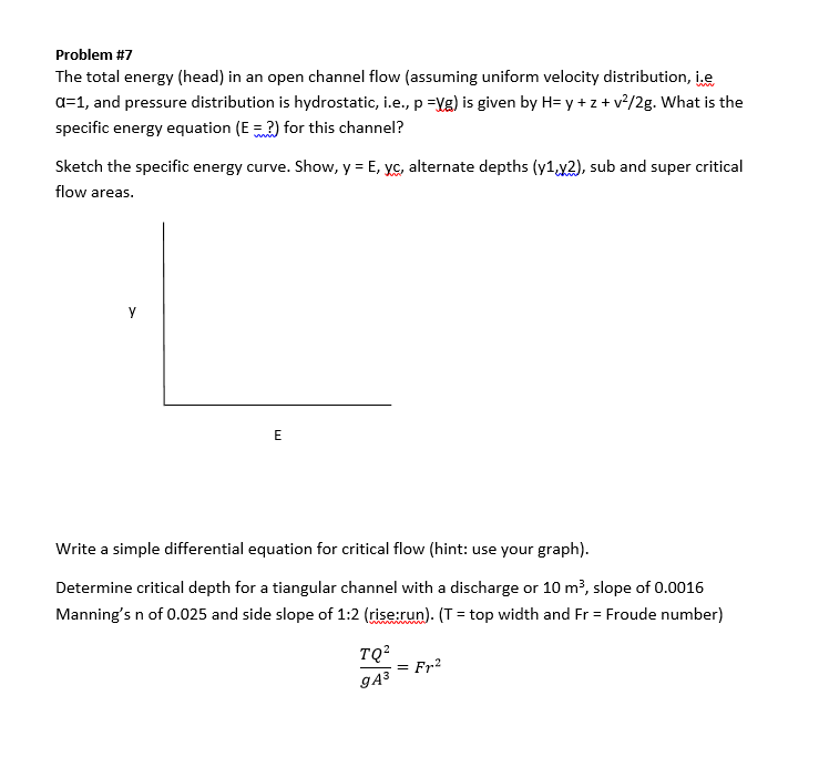 Solved The total energy (head) in an open channel flow | Chegg.com