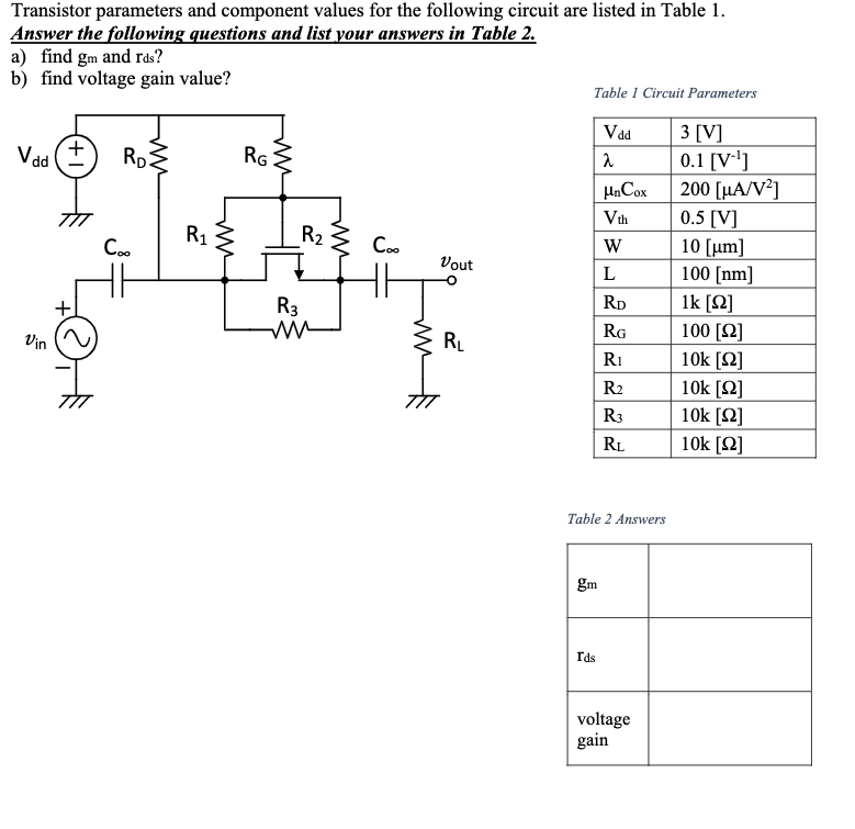 Solved Transistor parameters and component values for the | Chegg.com