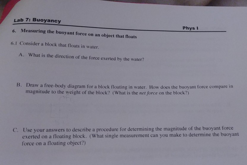 Solved Lab 7 Buoyancy 6. Measuring the buoyant force on an
