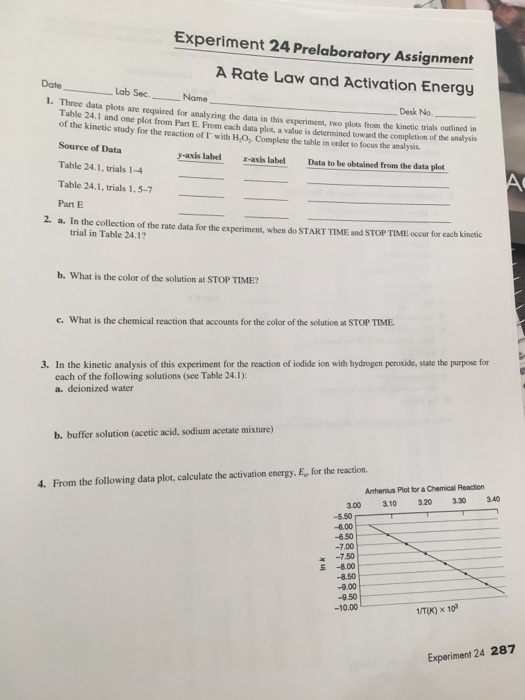 Experiment 24 Prelaboratory Assignment A Rate Law and