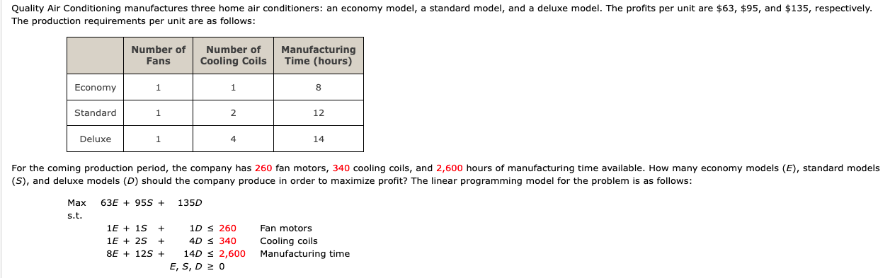 Solved Quality Air Conditioning manufactures three home air | Chegg.com