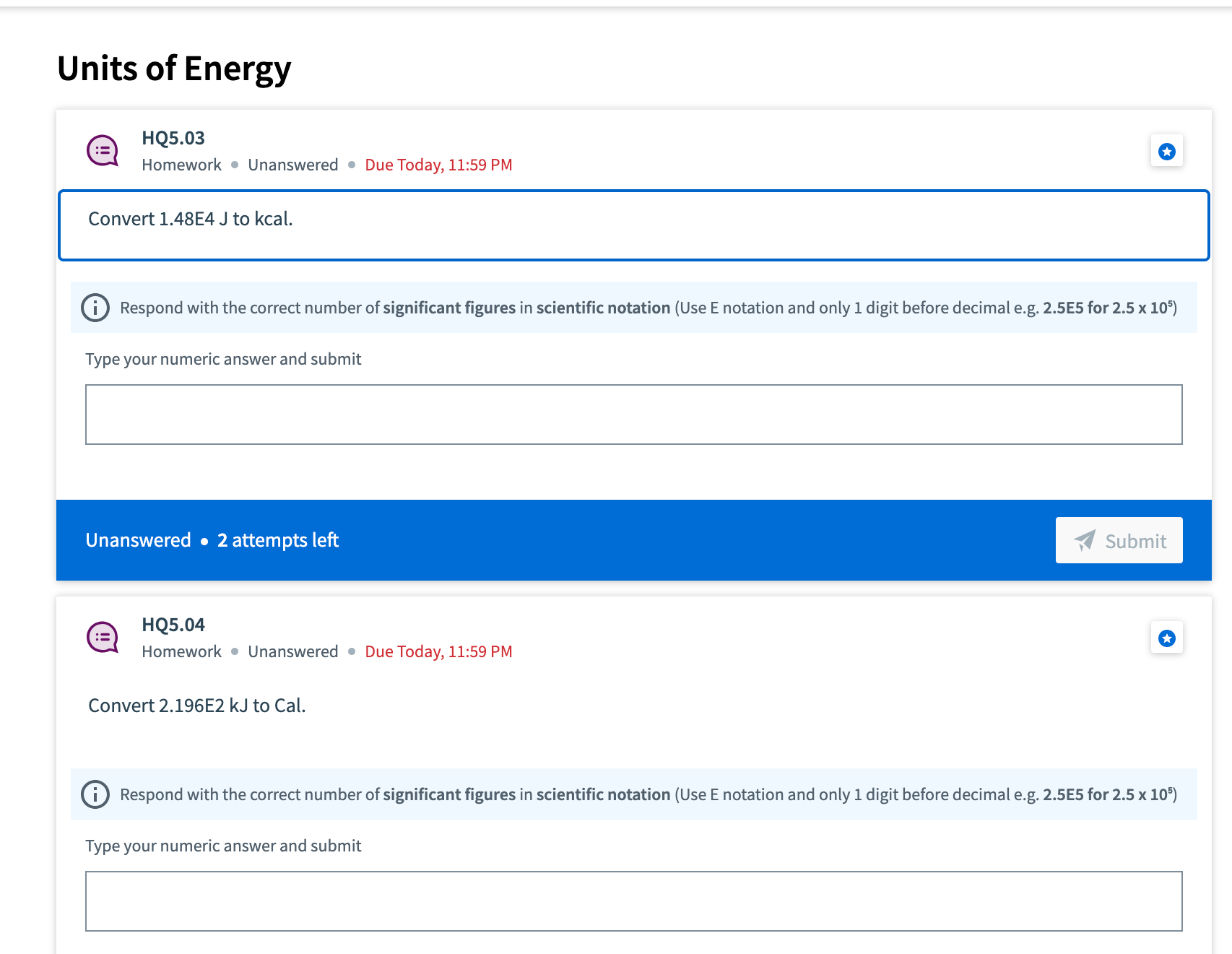 Solved Units of Energy HQ5.03 Homework • Unanswered • Due | Chegg.com