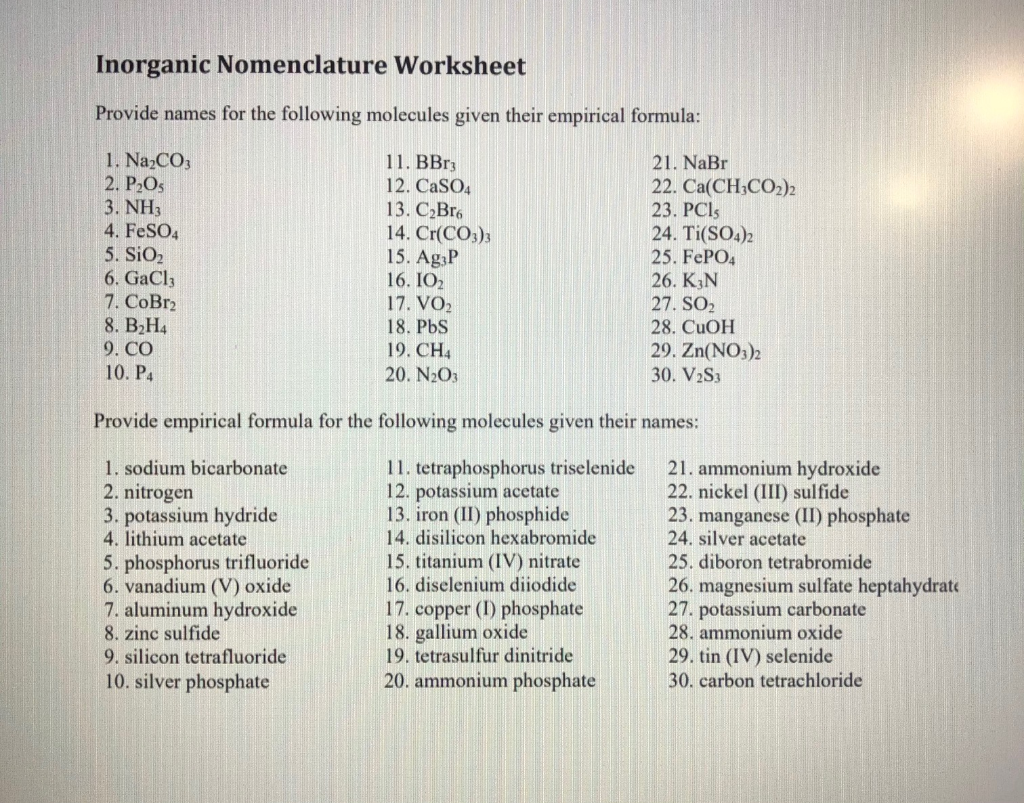 Solved Inorganic Nomenclature Worksheet Provide names for Chegg com