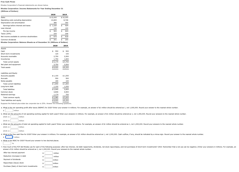 Solved Free Cash Flows Rhodes Corporation's financial | Chegg.com