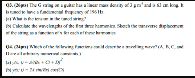 Solved Q3. 26pts The G string on a guitar has a linear Chegg