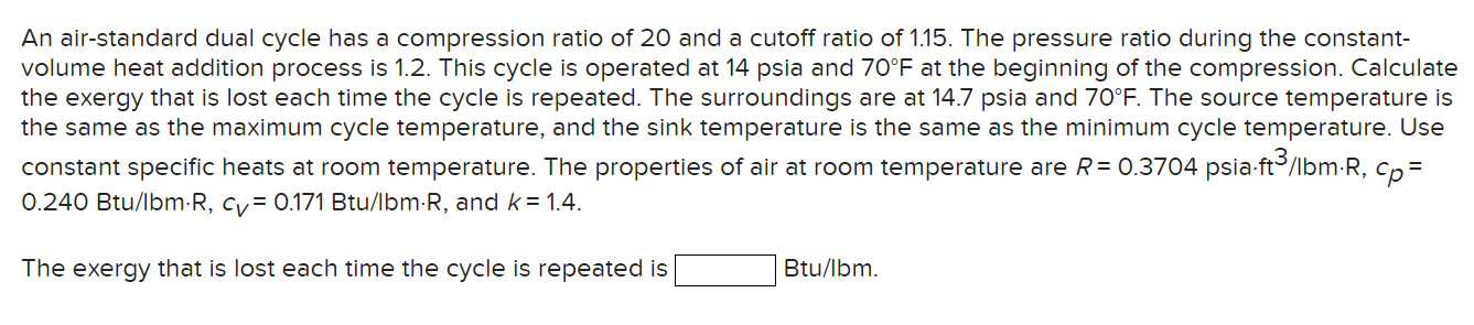 Solved An air-standard dual cycle has a compression ratio of | Chegg.com