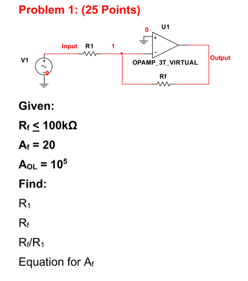 Solved Problem 1: (25 Points) Given: Rf≤100kΩ Af=20 AoL=105 | Chegg.com