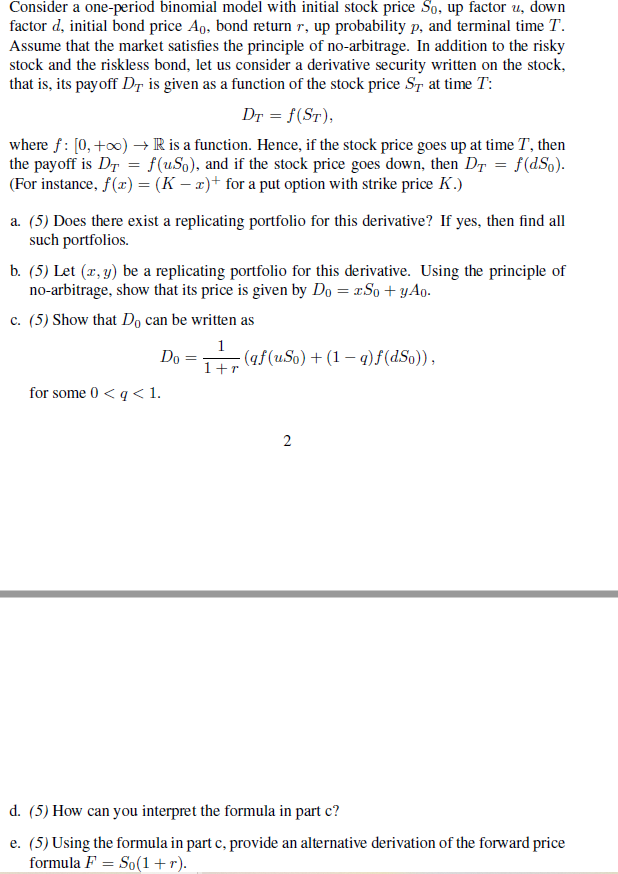 Consider a one-period binomial model with initial | Chegg.com