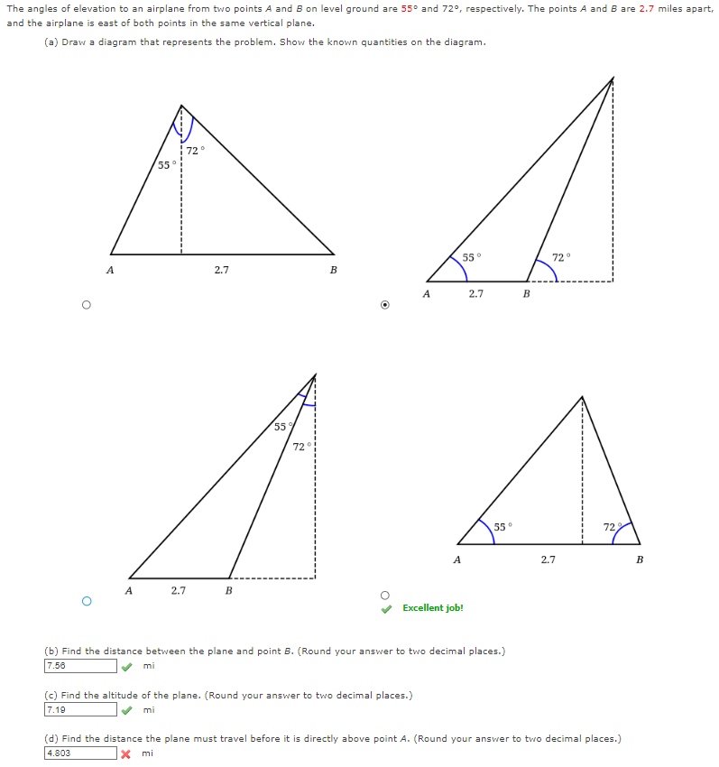 The angles of elevation to an airplane from two points \( A \) and \( B \) on level ground are \( 55^{\circ} \) and \( 72^{\c