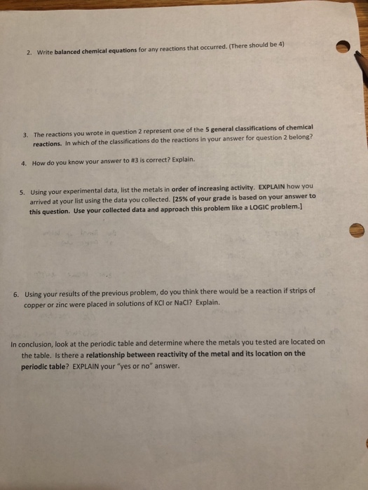 Solved Name: Report Sheet Lab #15: Reactivity of Metals | Chegg.com