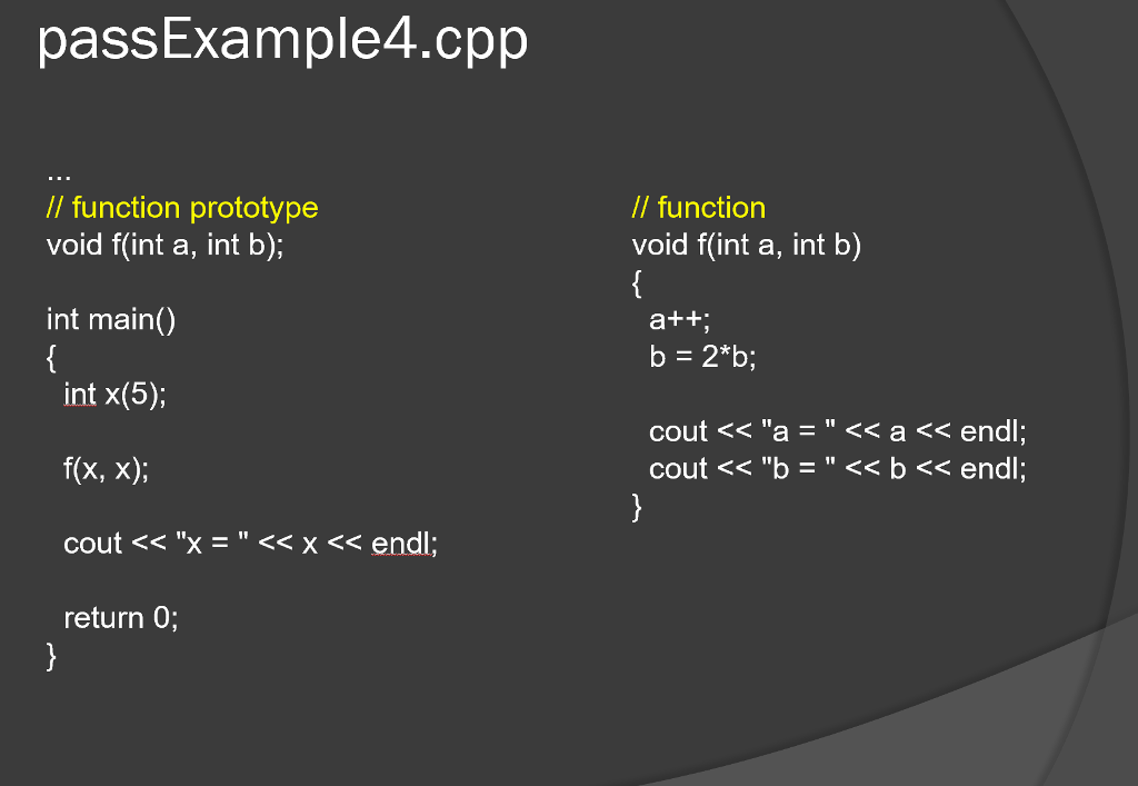 Solved passExample1.cpp // function prototype void f(int a, | Chegg.com image.