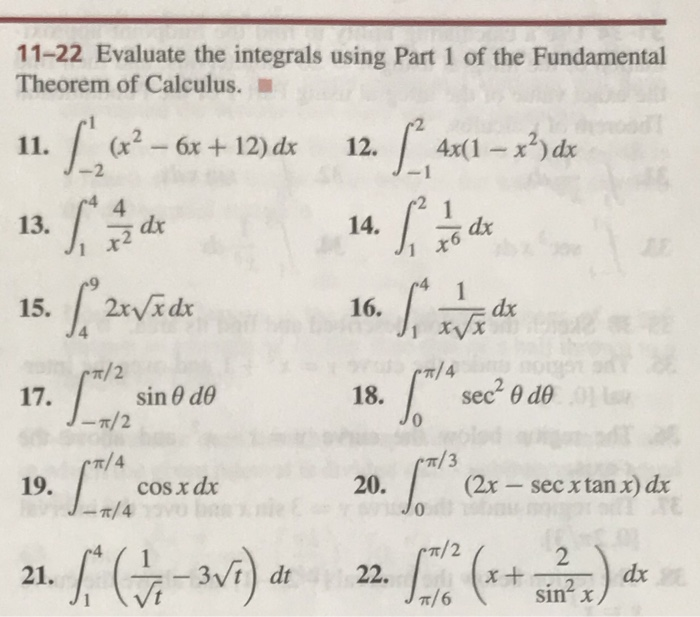 Solved 11-22 Evaluate the integrals using Part 1 of the | Chegg.com