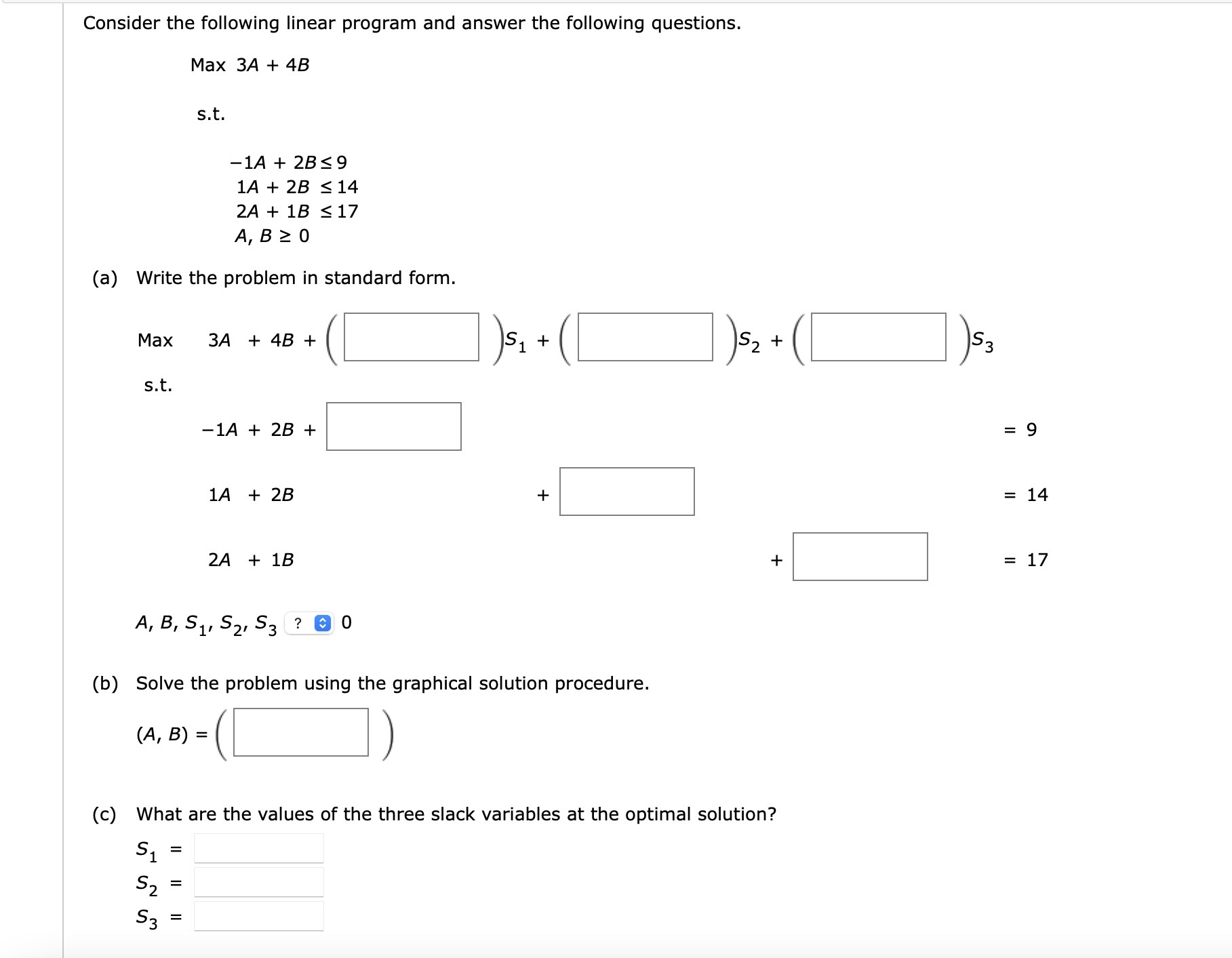 Solved −1A+2B≤91A+2B≤142A+1B≤17A,B≥0 (a) Write The Problem | Chegg.com