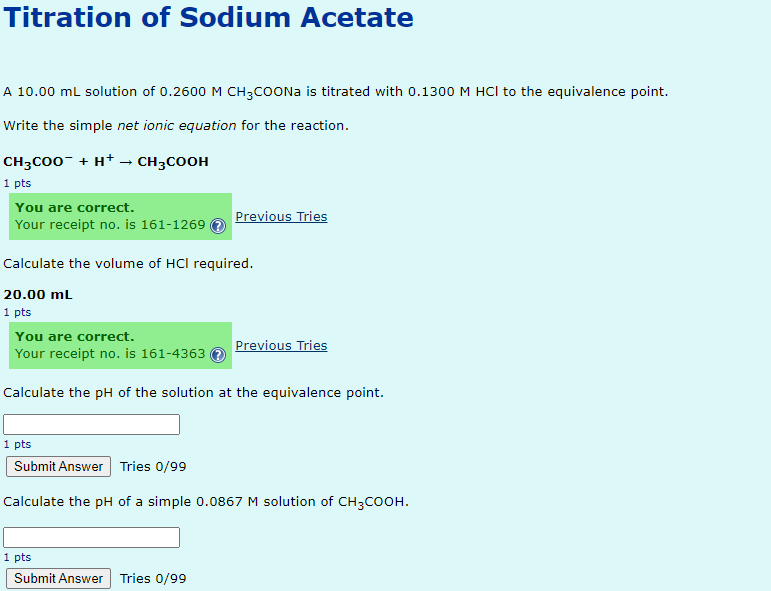 Solved Titration of Sodium Acetate A 10.00 mL solution of | Chegg.com