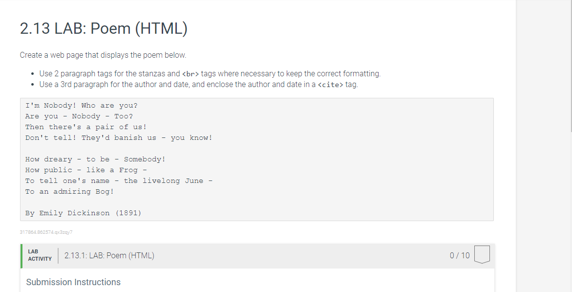Solved 2.13 LAB Poem (HTML) Create a web page that displays