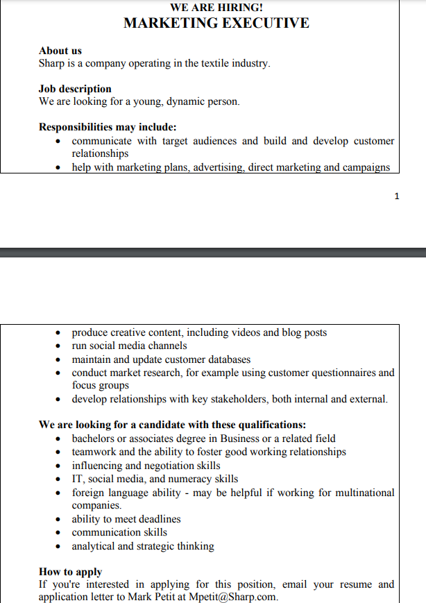 Solved WE ARE HIRING! MARKETING EXECUTIVE About us Sharp is