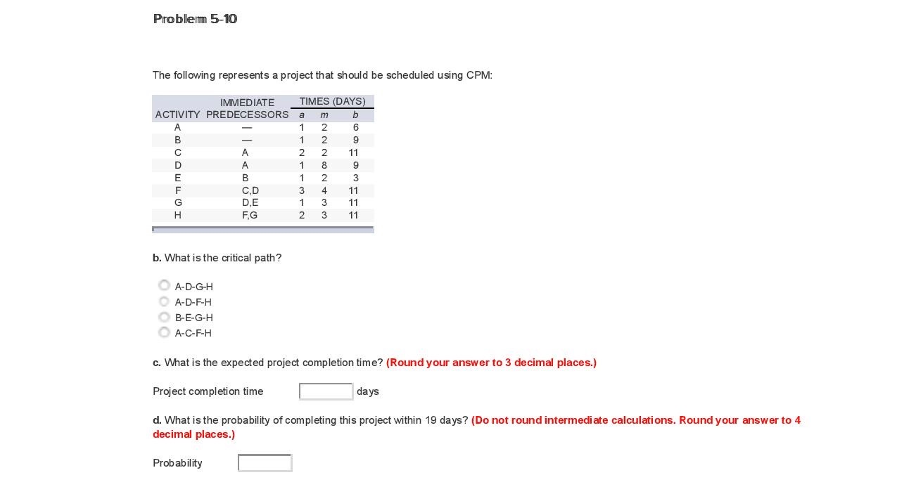 Solved Problem 5-10 The following represents a project that | Chegg.com