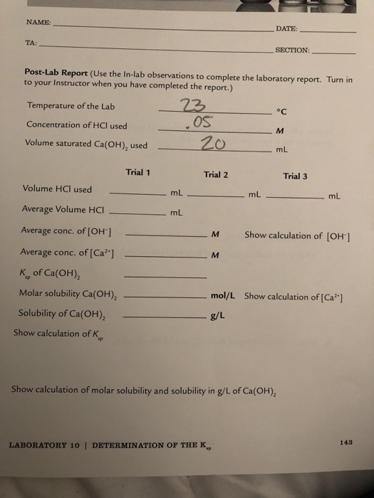 Solved NAME: DATE: TA: SECTION:_ Post-Lab Report (Use the | Chegg.com